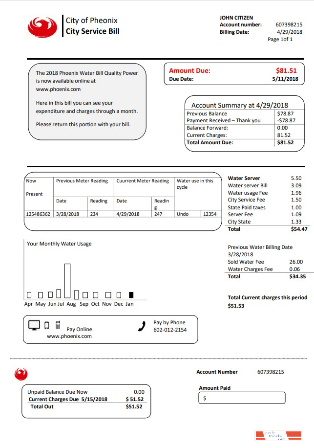 USA Arizona City of Phoenix utility bill template in Word and PDF format